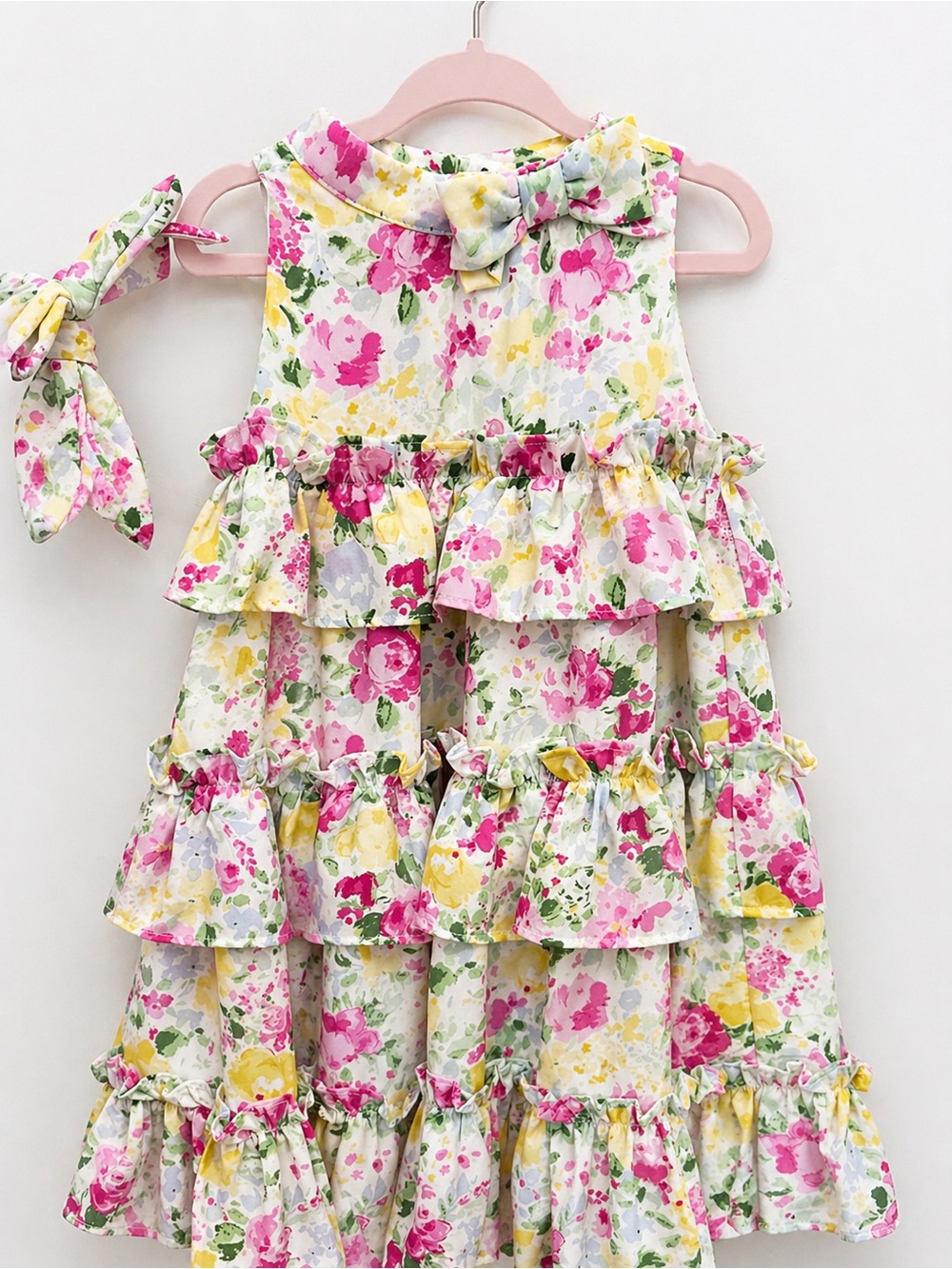 Janie and Jack 4T Girls Floral Ruffle Tiered Dress in Pink, Yellow & Green